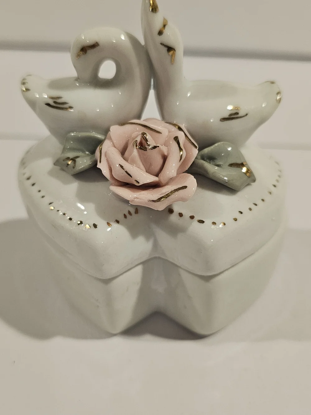 Porcelain Heart Jewelry Box with Swans & Pink Rose